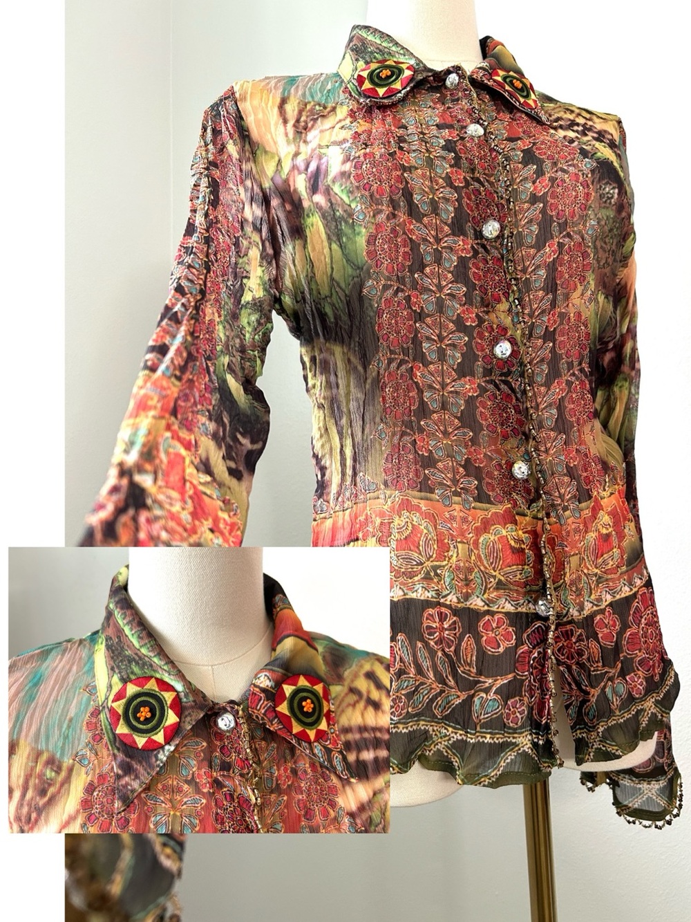 Love Amour Vintage 90s Colorful Artistic Sheer Embroidered Beaded Floral Top Wom